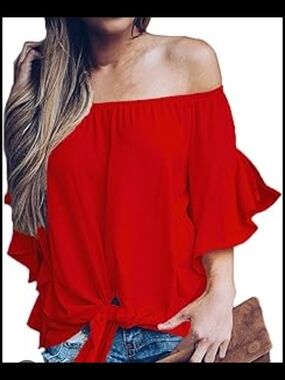 Luckymore Off-Shoulder Red Tie-Front Blouse Xl